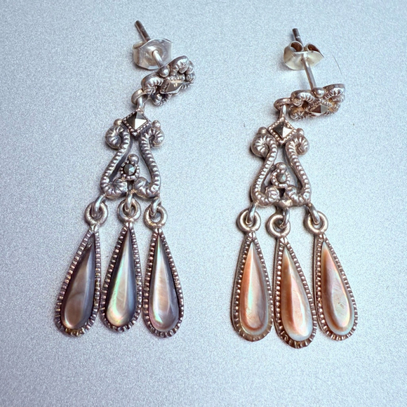 Marcasite Abalone Sterling Silver 925 Trident Chandelier Dangle Earrings Vintage